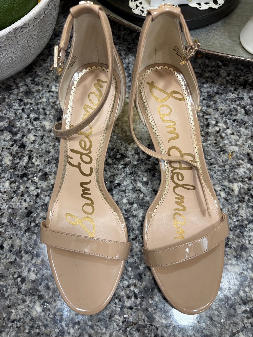 Sam Edelman Beige Patent Ankle-Strap Heels
